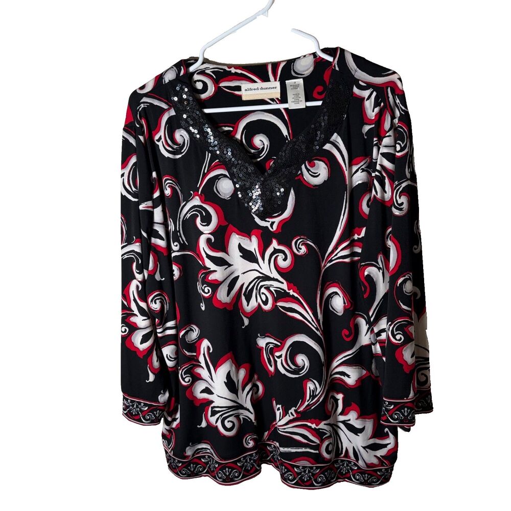 Alfred Dunner Blouse Women's 1X Metallic Floral V-Neck 3/4 Sleeve Career Top